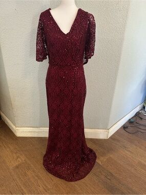 MARINA Wine Red Lace Sequin Maxi Dress